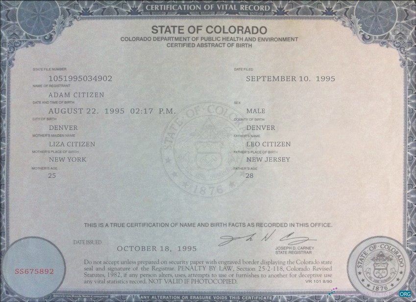 Download USA Colorado state birth certificate template in PSD format Photoshop template